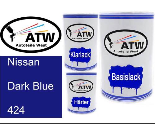 Nissan, Dark Blue, 424: 500ml Lackdose + 500ml Klarlack + 250ml Härter - Set, von ATW Autoteile West.